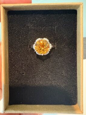 Natural Citrine Halo Flower Ring - Women Jewelry